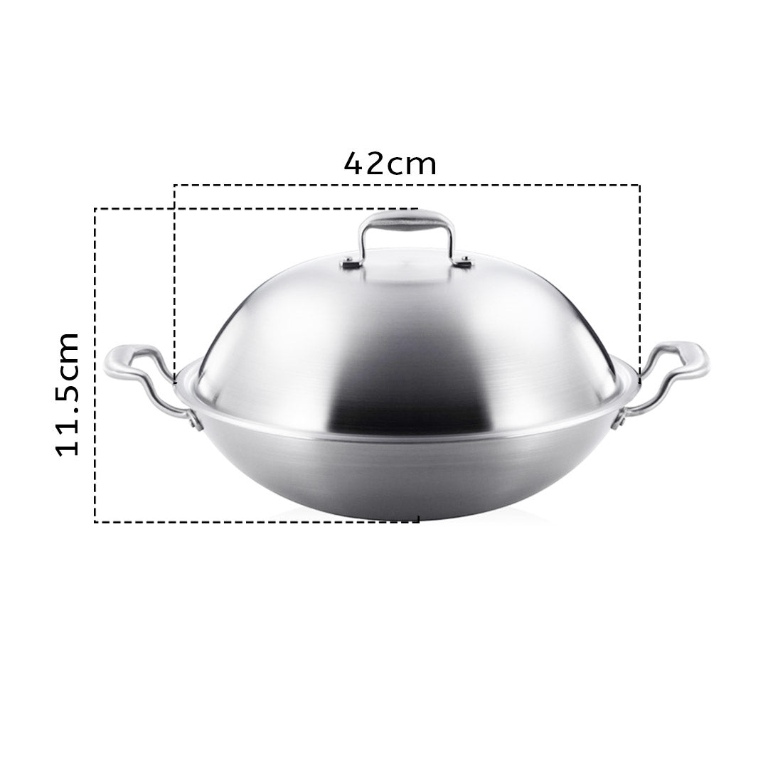Premium 2X 3-Ply 42cm Stainless Steel Double Handle Wok Frying Fry Pan Skillet with Lid - image2
