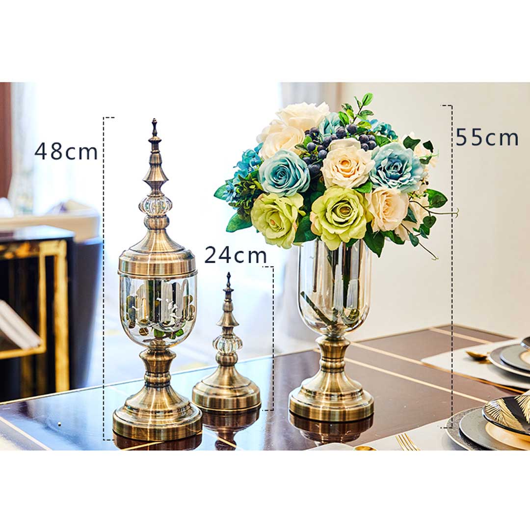 Premium 2x Clear Glass Flower Vase with Lid and White Flower Filler Vase Bronze Set - image2