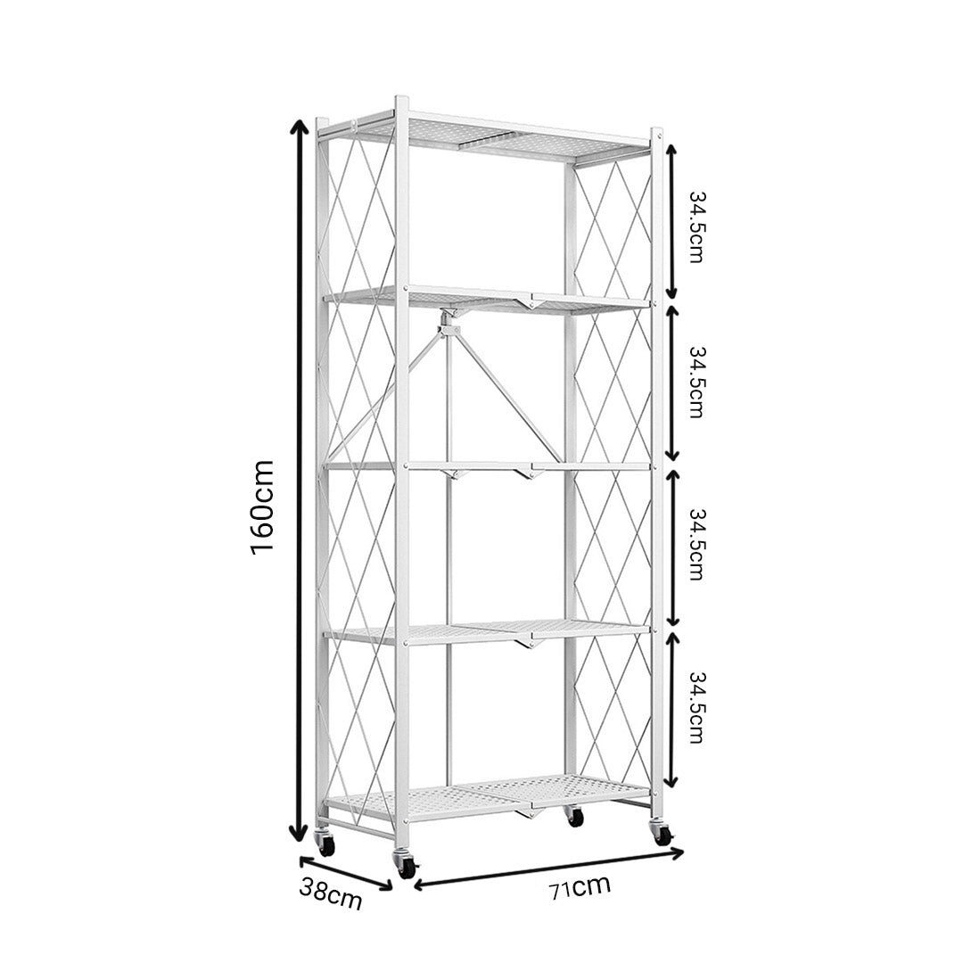 Premium 2X 5 Tier Steel White Foldable Kitchen Cart Multi-Functional Shelves Portable Storage Organizer with Wheels - image2