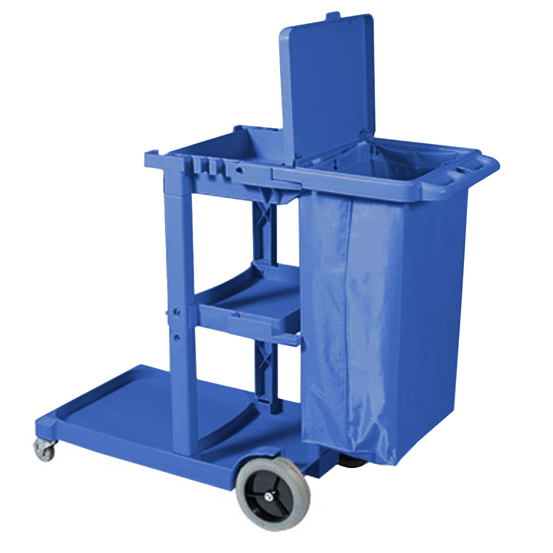 Premium 2X 3 Tier Multifunction Janitor Cleaning Waste Cart Trolley and Waterproof Bag Blue - image2