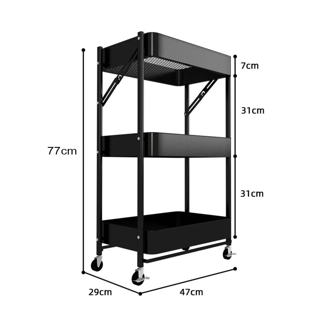 Premium 3 Tier Steel Black Foldable Kitchen Cart Multi-Functional Shelves Portable Storage Organizer with Wheels - image2