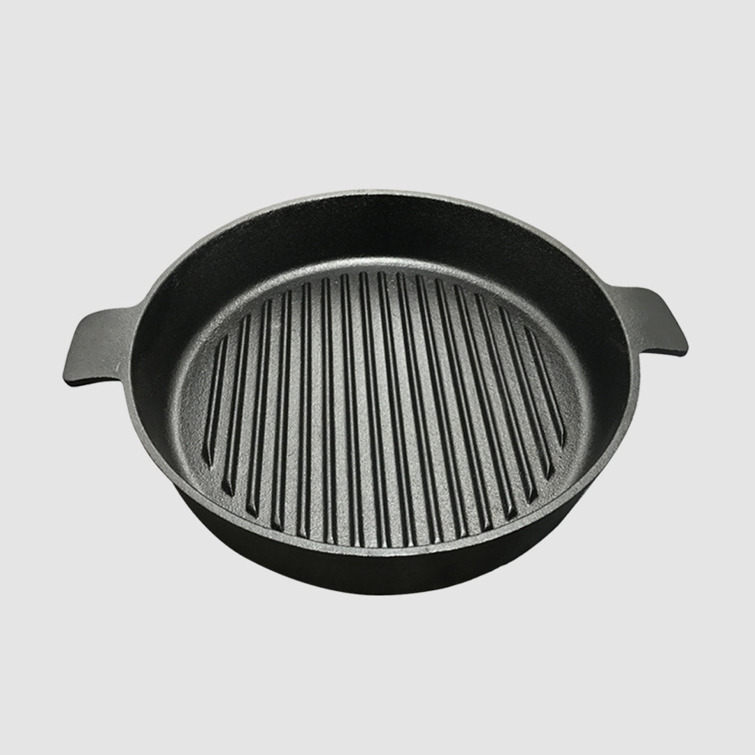 Premium 25cm Round Ribbed Cast Iron Frying Pan Skillet Steak Sizzle Platter with Handle - image2