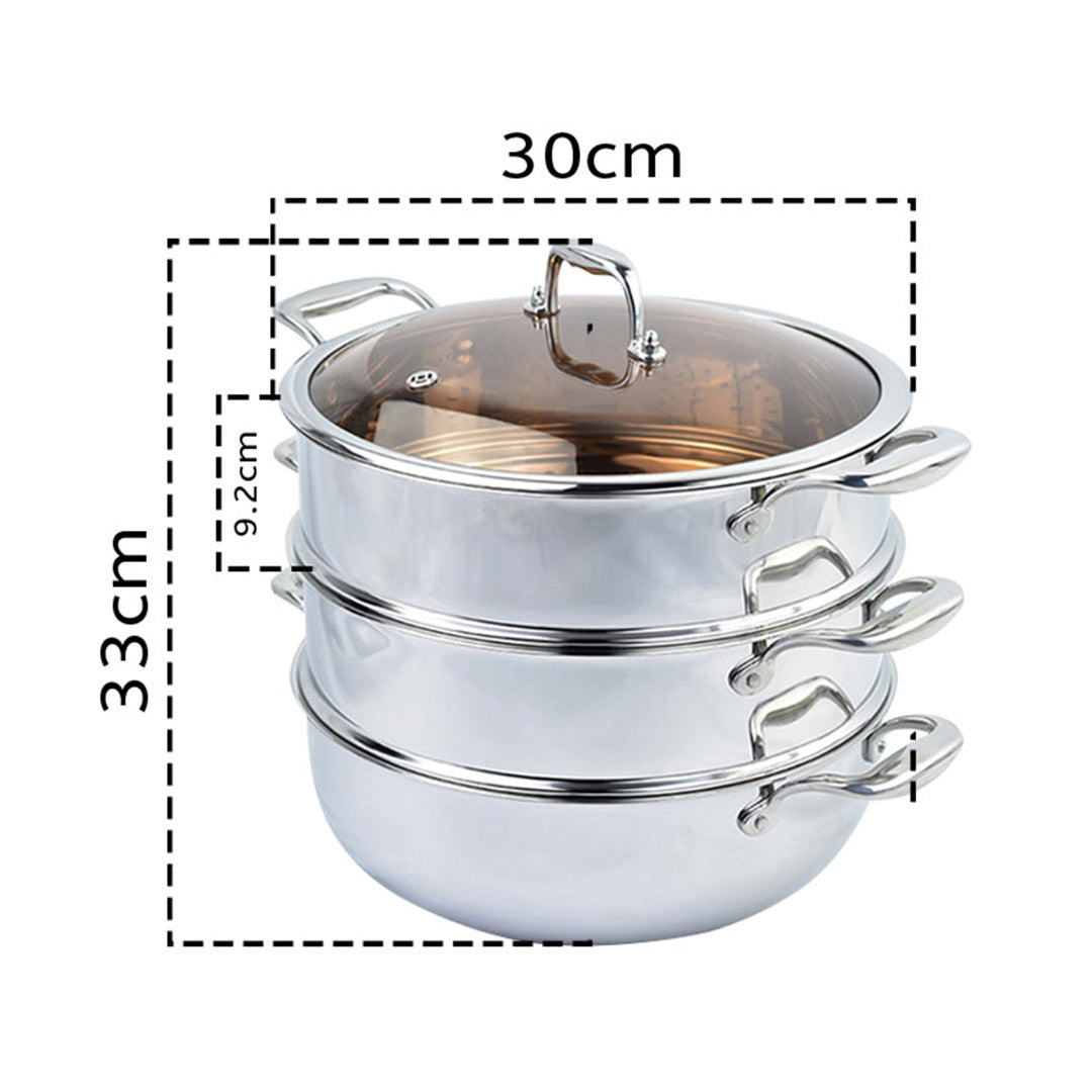 Premium 3 Tier 30cm Heavy Duty Stainless Steel Food Steamer Vegetable Pot Stackable Pan Insert with Glass Lid - image2