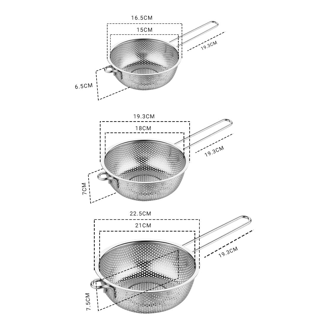 Stainless Steel Perforated Colander Fine Mesh Net Food Strainer Basket with Handle Skimmer Sieve Set - image2