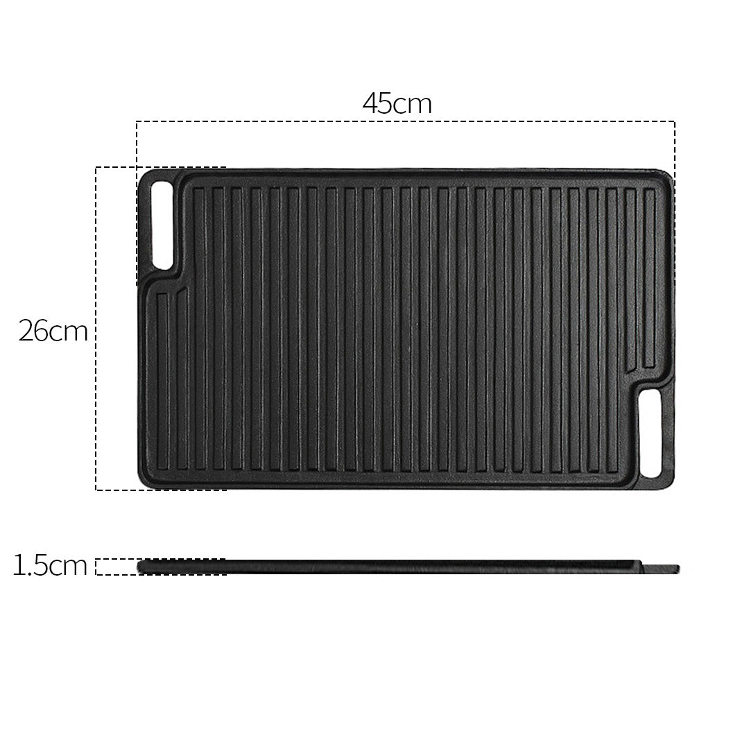Premium 2X 45cm Rectangular Cast Iron Portable Fry BBQ Grill Plate Cooking Pan Tray with Handle - image2