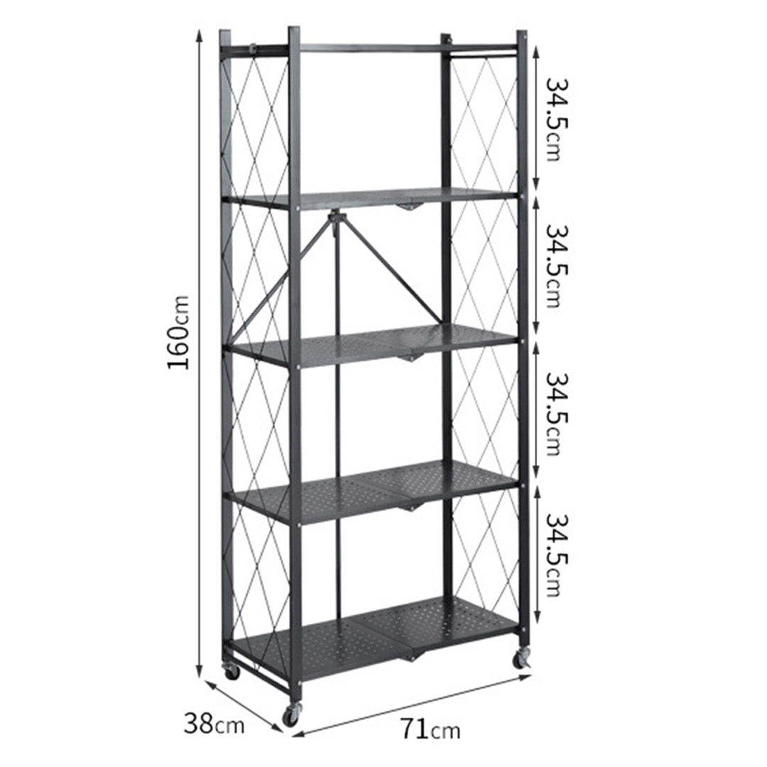 Premium 2X 5 Tier Steel Black Foldable Kitchen Cart Multi-Functional Shelves Portable Storage Organizer with Wheels - image2