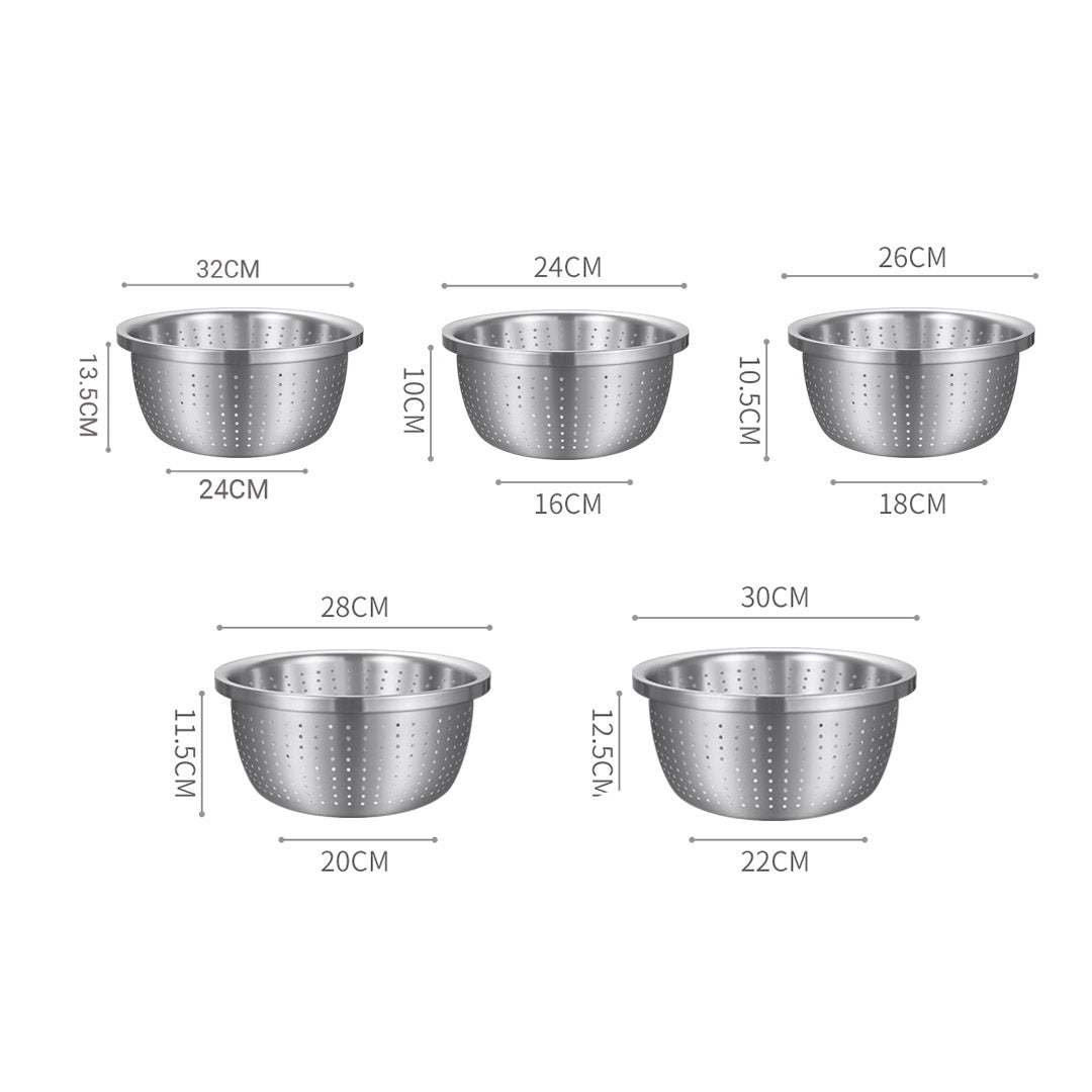 Premium Stainless Steel Nesting Basin Colander Perforated Kitchen Sink Washing Bowl Metal Basket Strainer Set of 5 - image2