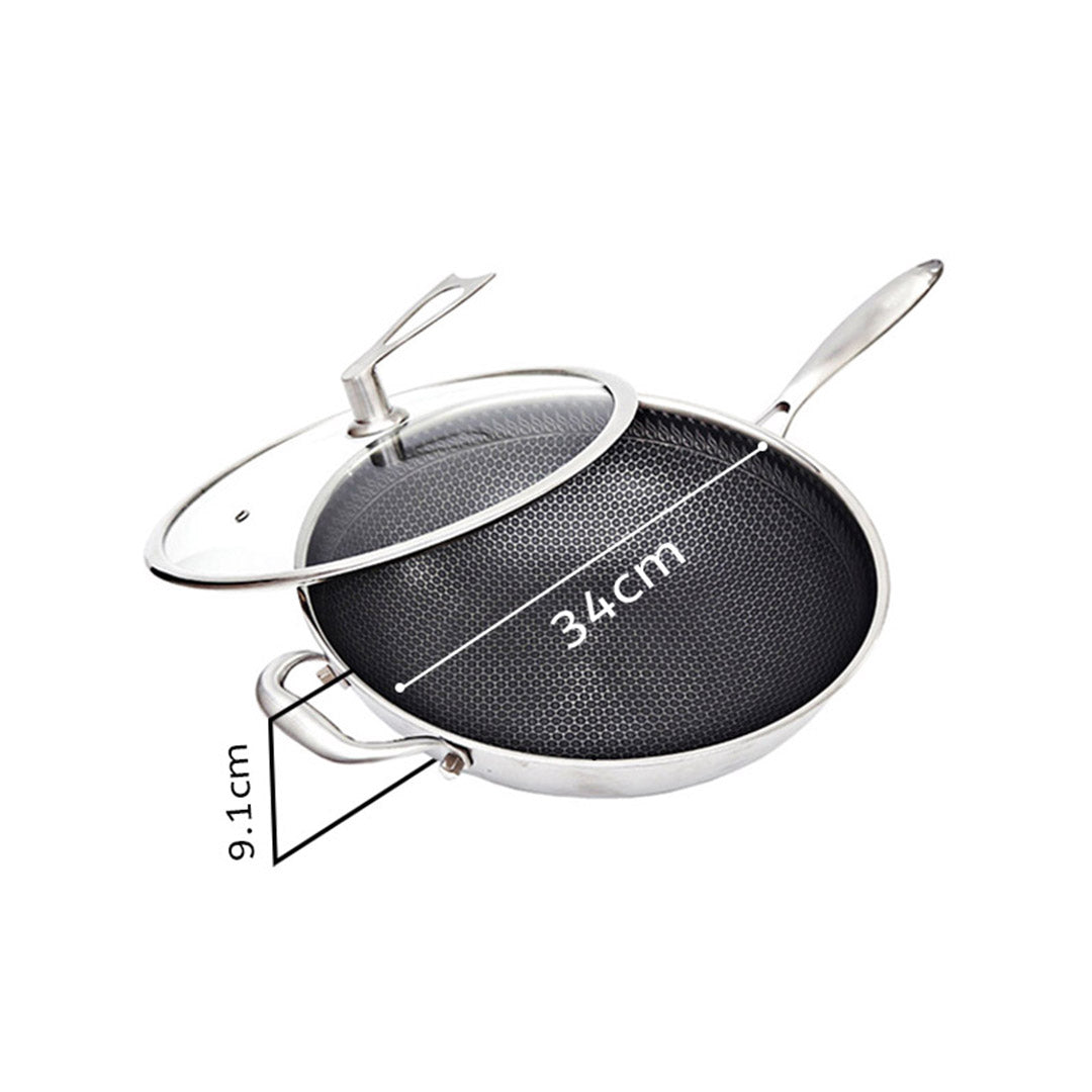 Premium 2X 34cm Stainless Steel Tri-Ply Frying Cooking Fry Pan Textured Non Stick Skillet with Glass Lid and Helper Handle - image2