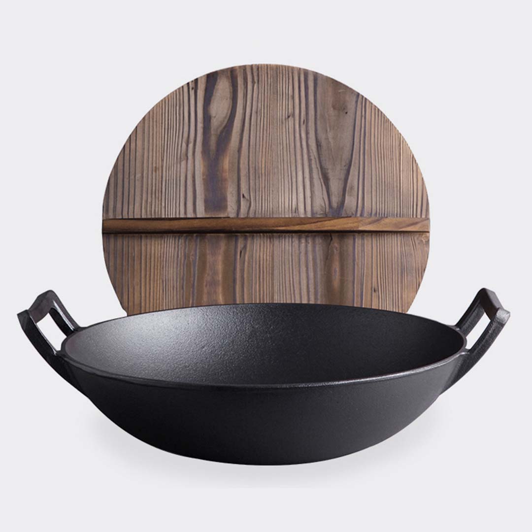 Premium 2X 36CM Commercial Cast Iron Wok FryPan with Wooden Lid Fry Pan - image2