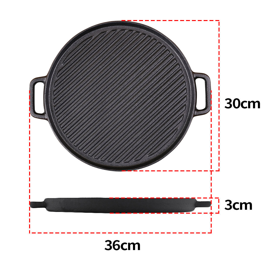 Premium 30cm Round Cast Iron Ribbed BBQ Pan Skillet Steak Sizzle Platter with Handle - image2