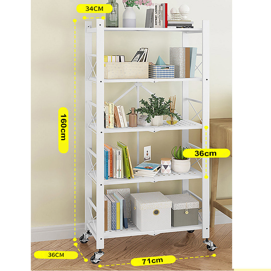 Premium 5 Tier Steel White Foldable Display Stand Multi-Functional Shelves Portable Storage Organizer with Wheels - image2