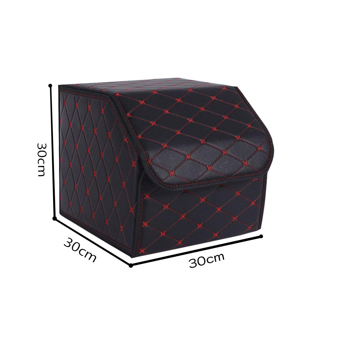 Premium 2X Leather Car Boot Collapsible Foldable Trunk Cargo Organizer Portable Storage Box Black/Red Stitch Small - image2