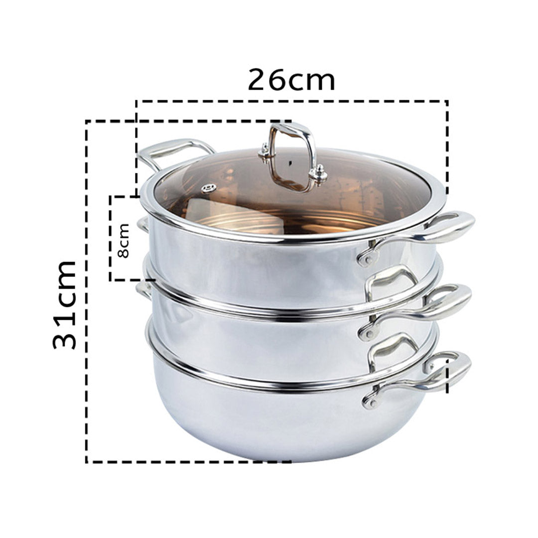 Premium 3 Tier 26cm Heavy Duty Stainless Steel Food Steamer Vegetable Pot Stackable Pan Insert with Glass Lid - image2