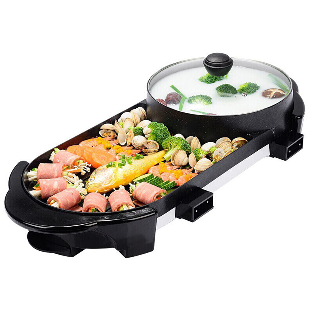 Premium 2 in 1 Electric Non-Stick BBQ Teppanyaki Grill Plate Steamboat Hotpot 2-8 Person - image2