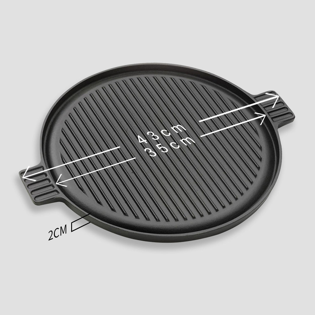 Premium 43cm Round Ribbed Cast Iron Frying Pan Skillet Steak Sizzle Platter with Handle - image2