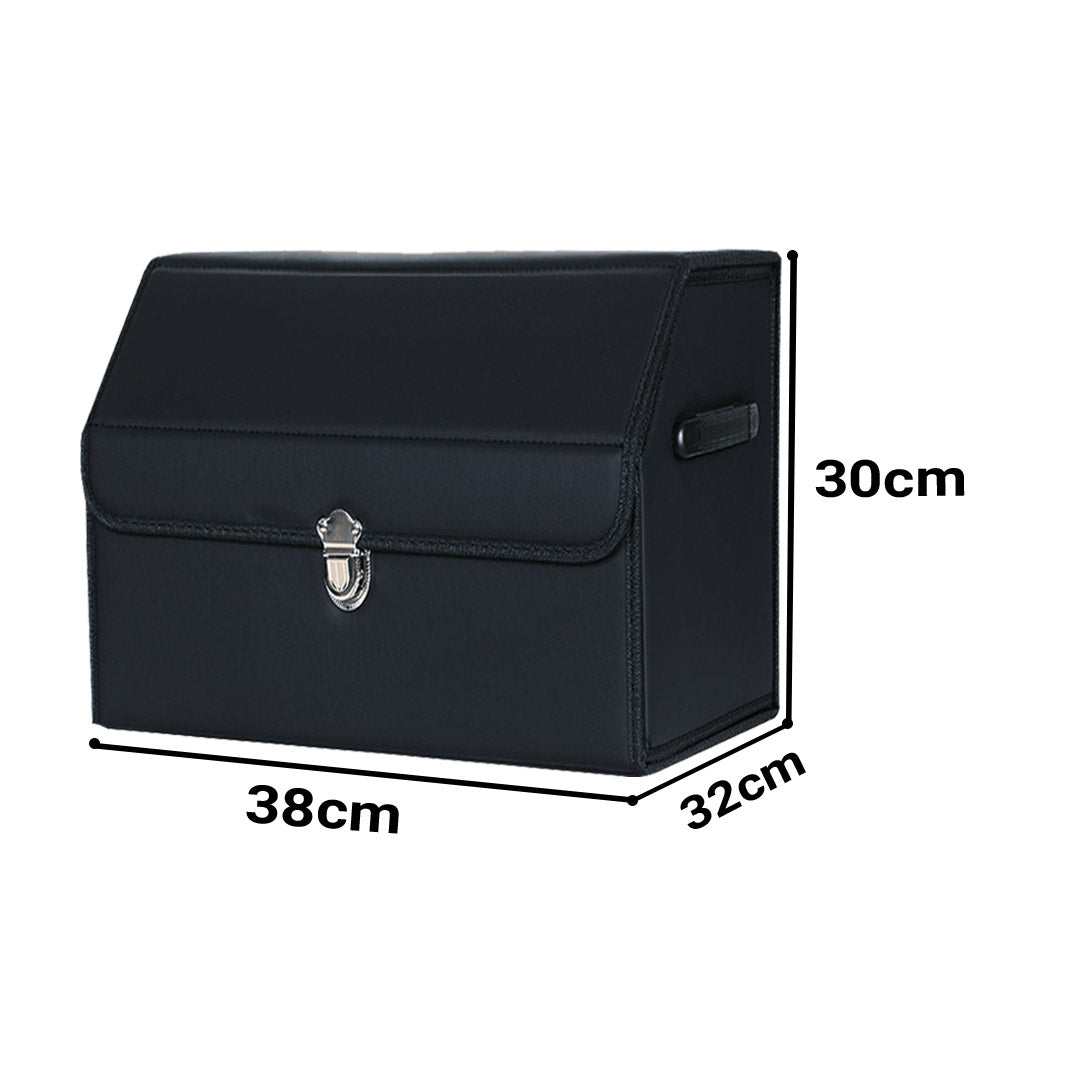 Premium Leather Car Boot Collapsible Foldable Trunk Cargo Organizer Portable Storage Box With Lock Black Small - image2