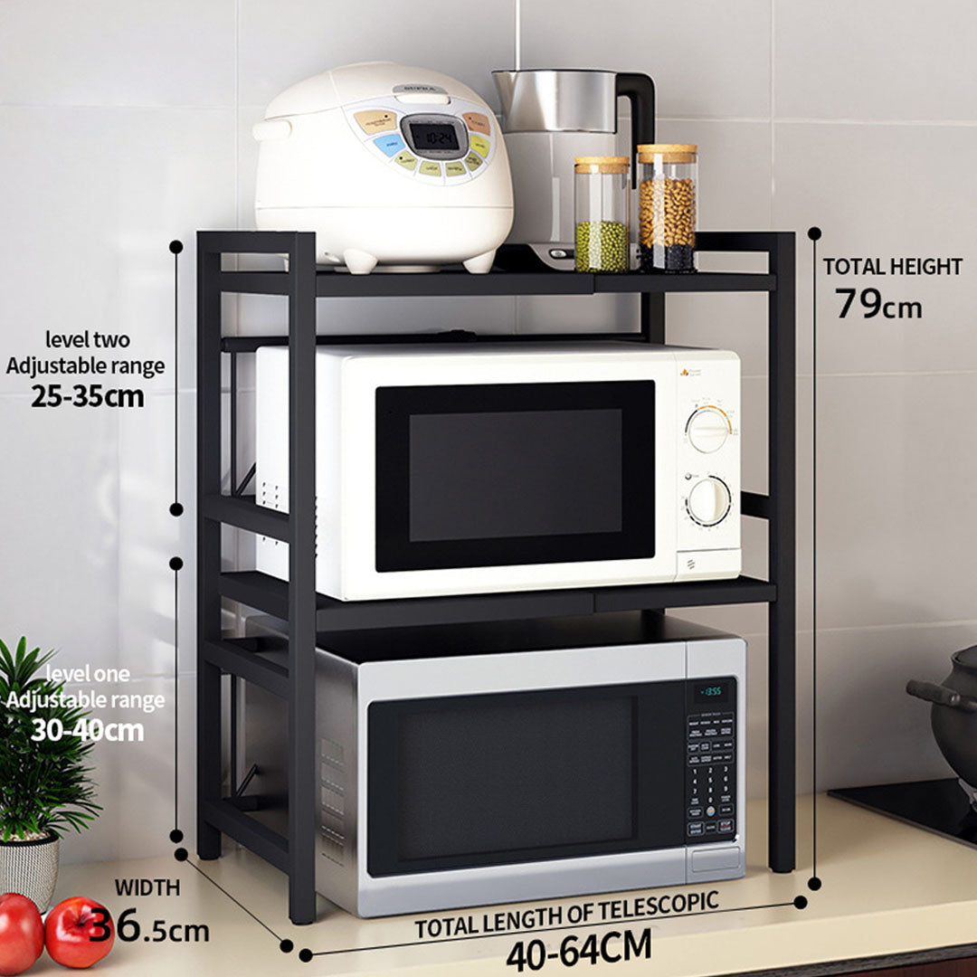 Premium 3 Tier Steel Black Retractable Kitchen Microwave Oven Stand Multi-Functional Shelves Storage Organizer - image2