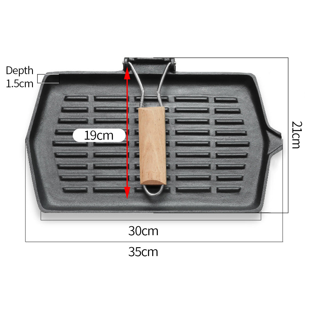 Premium 2X Rectangular Cast Iron Griddle Grill Frying Pan with Folding Wooden Handle - image2