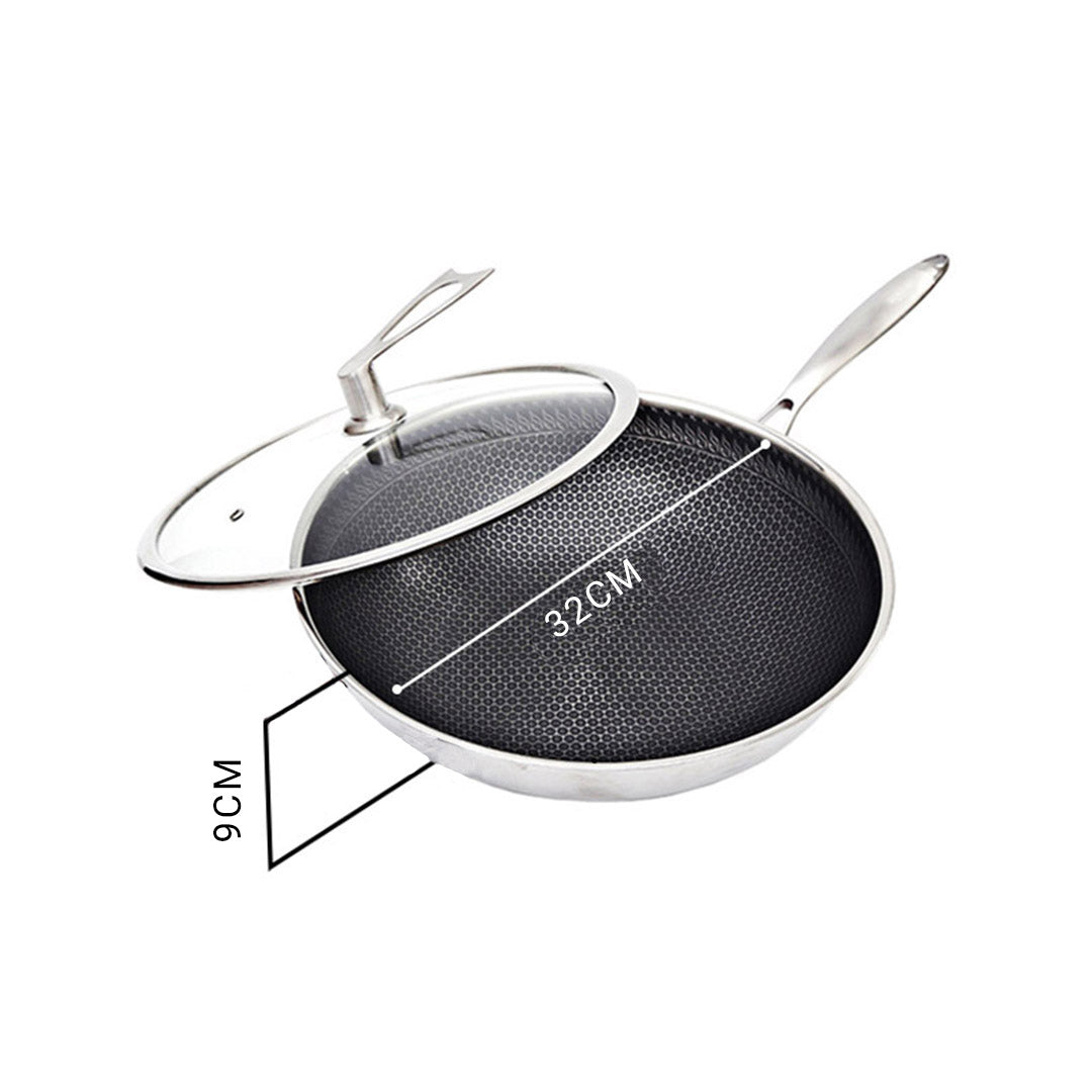 Premium 32cm Stainless Steel Tri-Ply Frying Cooking Fry Pan Textured Non Stick Interior Skillet with Glass Lid - image2