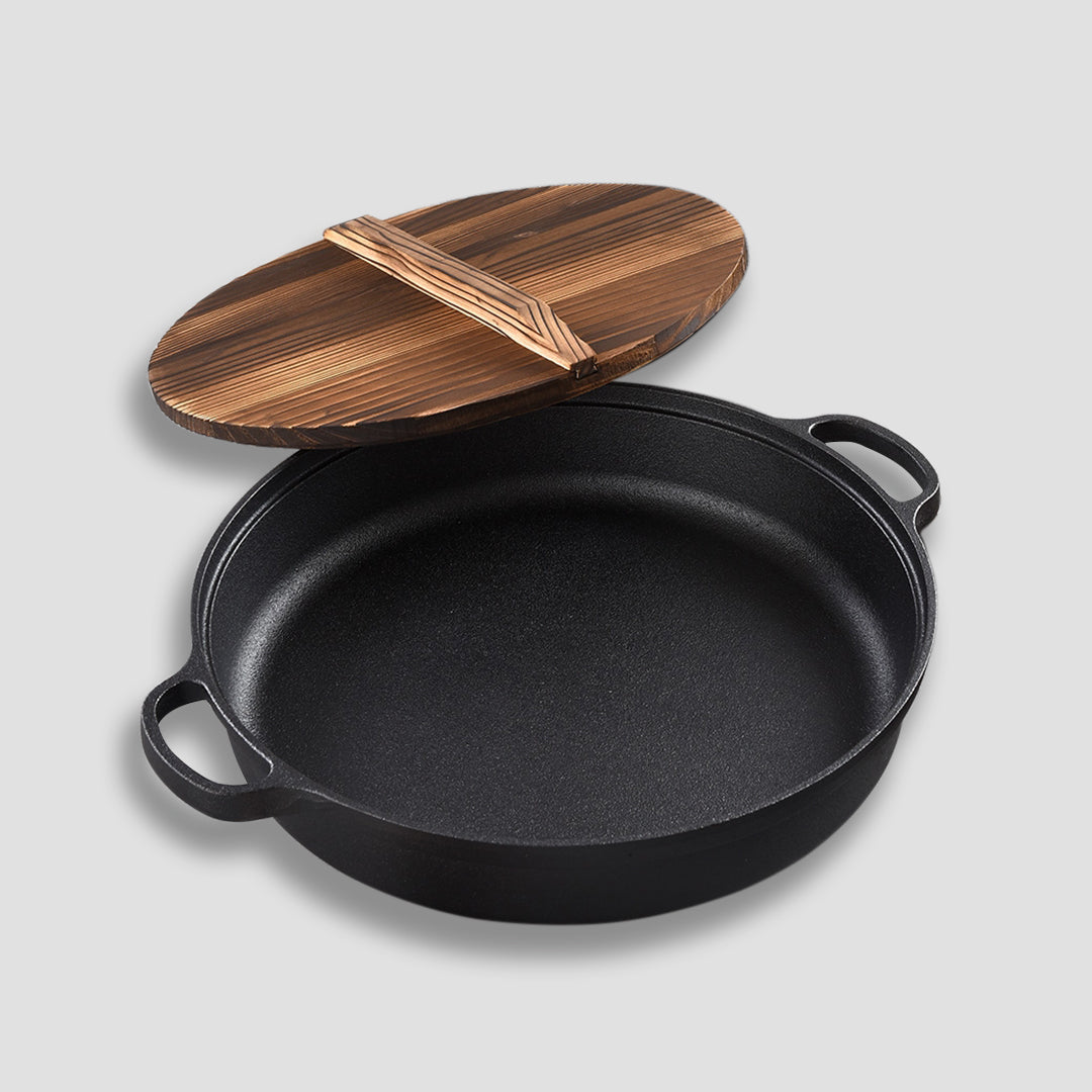 Premium 35cm Round Cast Iron Pre-seasoned Deep Baking Pizza Frying Pan Skillet with Wooden Lid - image2