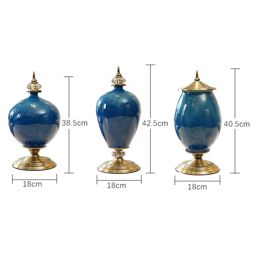 Premium 2x 38cm Ceramic Oval Flower Vase with Gold Metal Base Dark Blue - image2