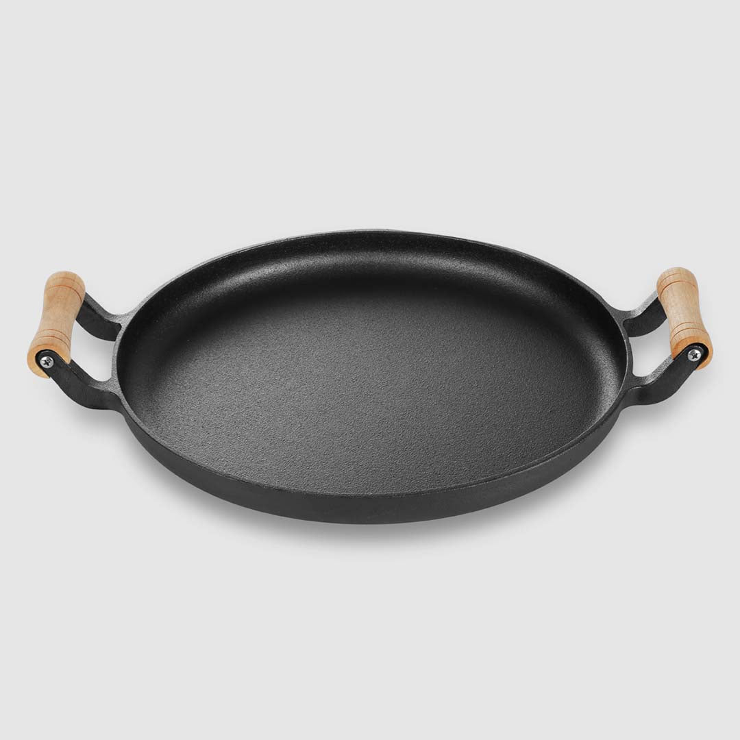 Premium 35cm Cast Iron Frying Pan Skillet Steak Sizzle Fry Platter With Wooden Handle No Lid - image2