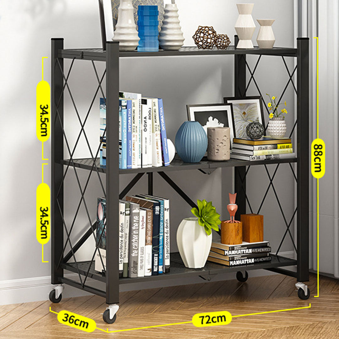 Premium 3 Tier Steel Black Foldable Kitchen Cart Multi-Functional Shelves Portable Storage Organizer with Wheels - image2