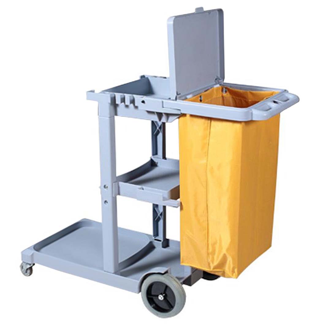 Premium 3 Tier Multifunction Janitor Cleaning Waste Cart Trolley and Waterproof Bag with Lid - image2