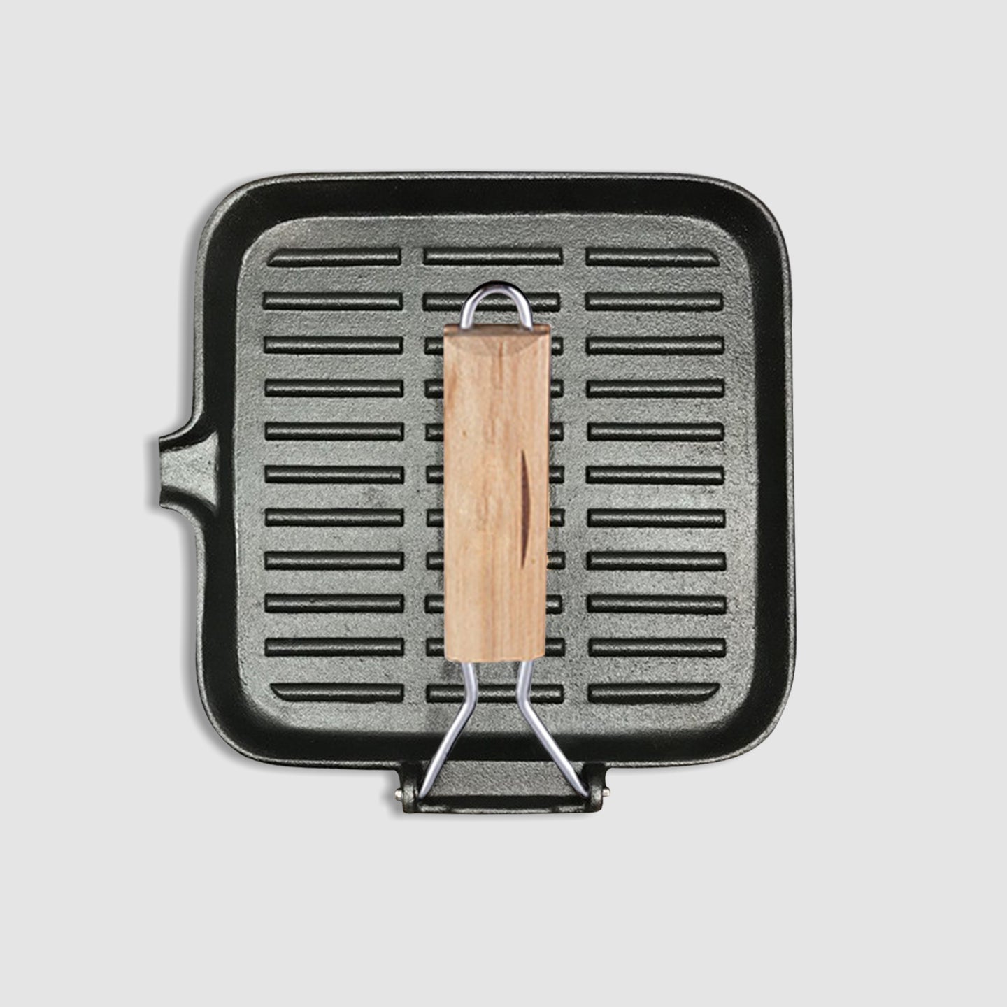 Premium 28cm Ribbed Cast Iron Square Steak Frying Grill Skillet Pan with Folding Wooden Handle - image2