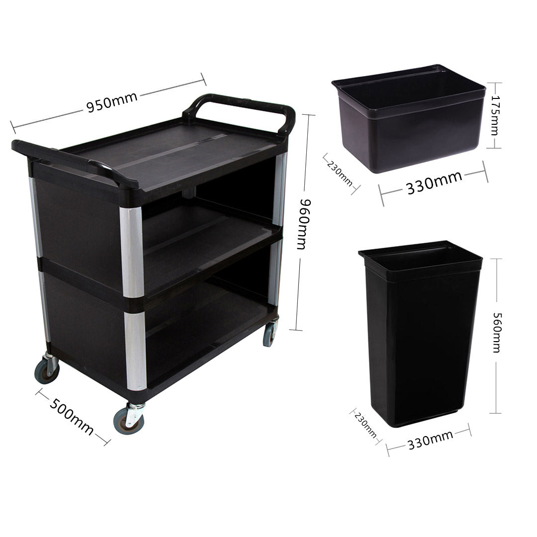 Premium 3 Tier Covered Food Trolley Food Waste Cart Storage Mechanic Kitchen with Bins - image2