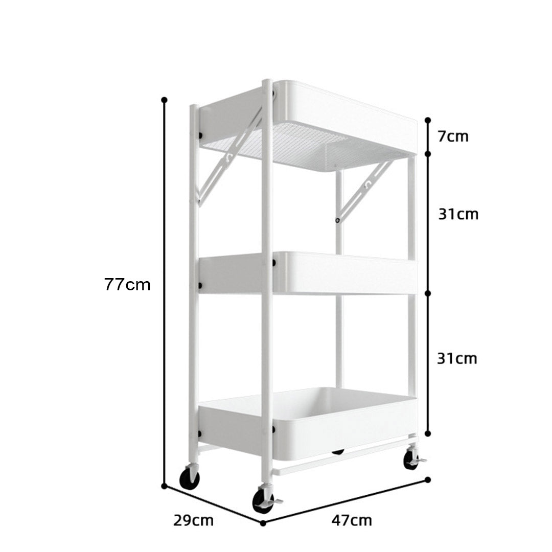 Premium 3 Tier Steel White Foldable Kitchen Cart Multi-Functional Shelves Portable Storage Organizer with Wheels - image2