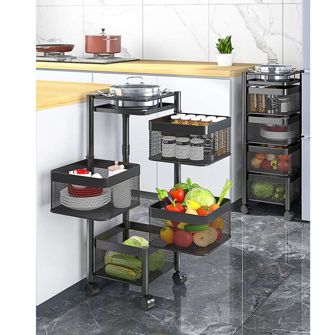 Premium 4 Tier Steel Square Rotating Kitchen Cart Multi-Functional Shelves Portable Storage Organizer with Wheels - image3