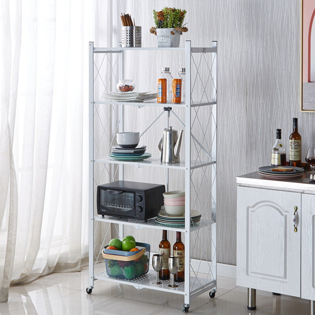 Premium 2X 5 Tier Steel White Foldable Kitchen Cart Multi-Functional Shelves Portable Storage Organizer with Wheels - image3