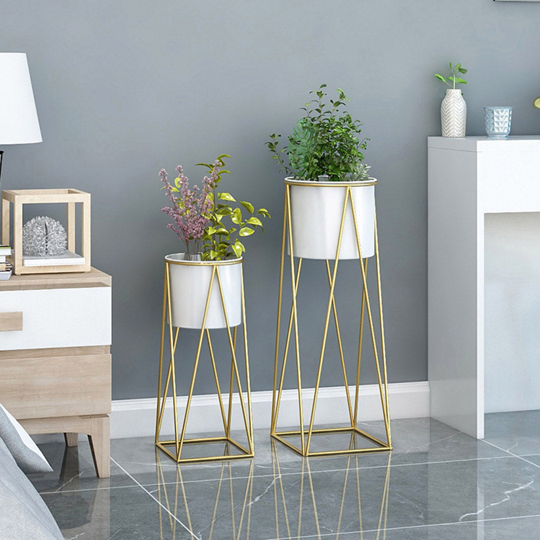 Premium 50cm Gold Metal Plant Stand with White Flower Pot Holder Corner Shelving Rack Indoor Display - image3