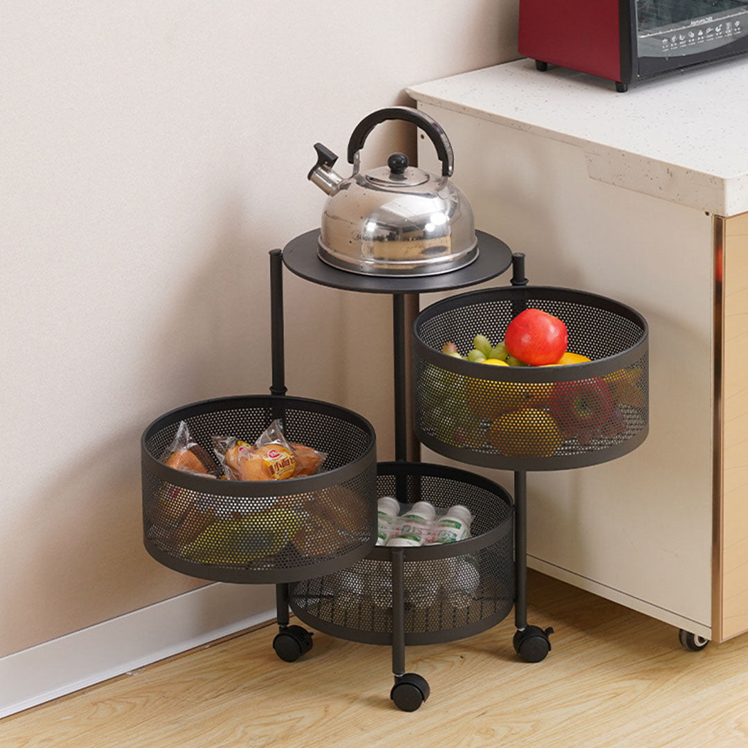 Premium 3 Tier Steel Round Rotating Kitchen Cart Multi-Functional Shelves Portable Storage Organizer with Wheels - image3