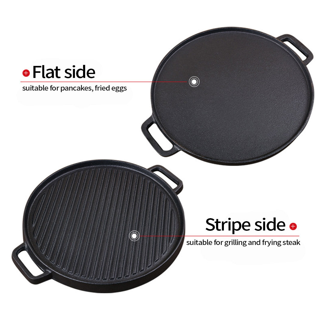 Premium 30cm Round Cast Iron Ribbed BBQ Pan Skillet Steak Sizzle Platter with Handle - image3