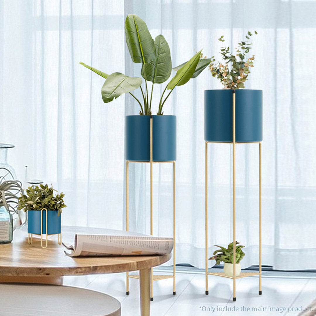 Premium 2 Layer 65cm Gold Metal Plant Stand with Blue Flower Pot Holder Corner Shelving Rack Indoor Display - image3