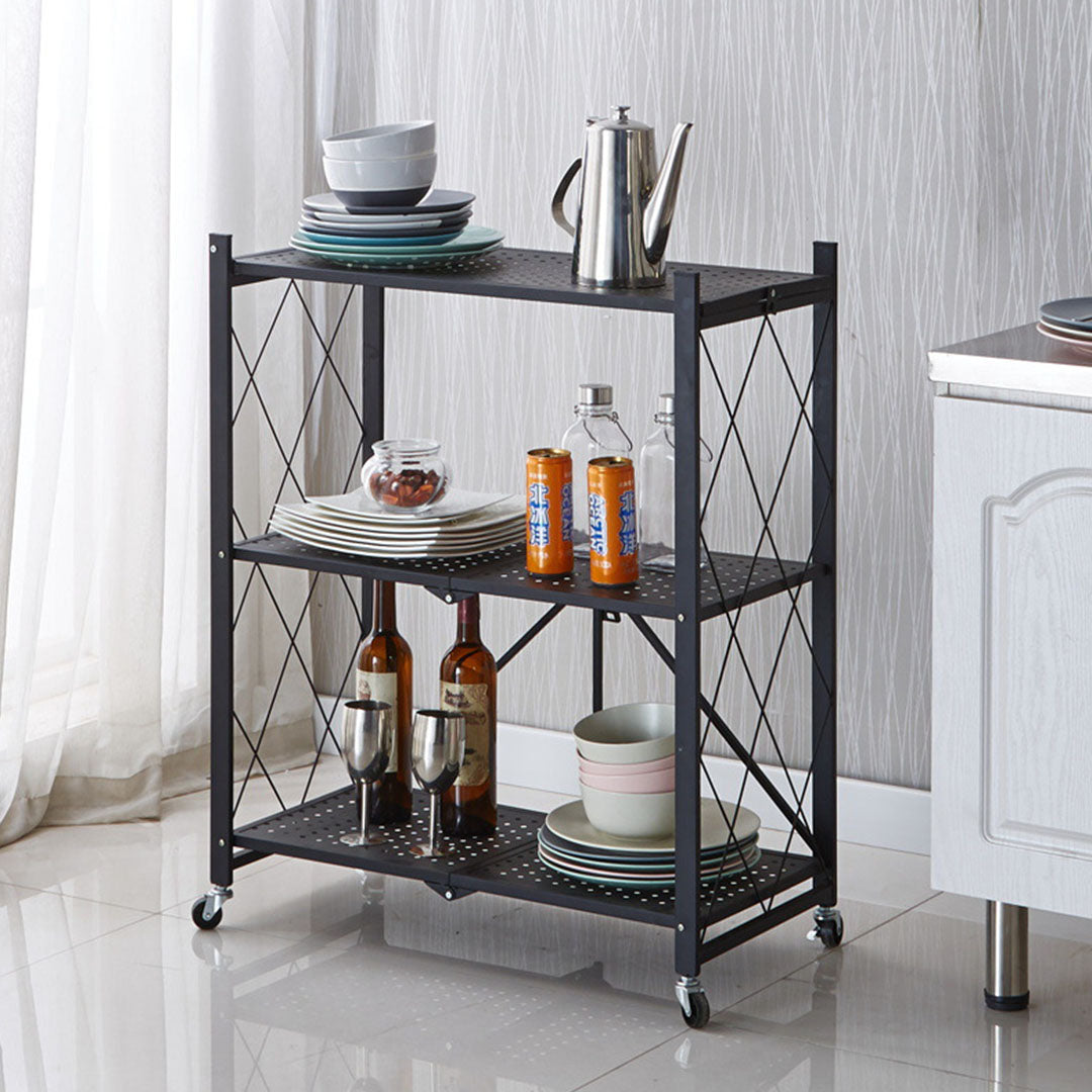 Premium 3 Tier Steel Black Foldable Kitchen Cart Multi-Functional Shelves Portable Storage Organizer with Wheels - image3