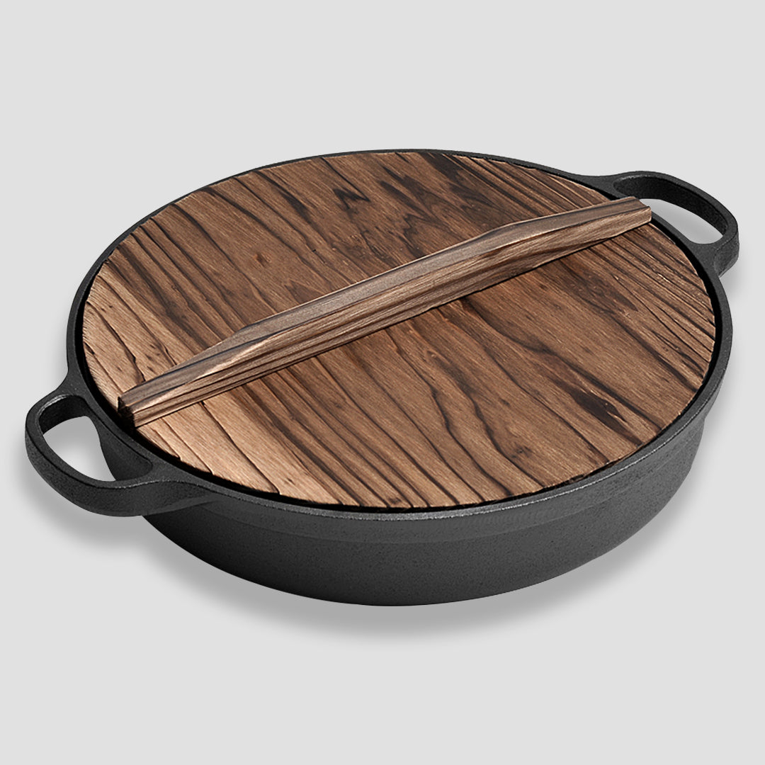 Premium 33cm Round Cast Iron Pre-seasoned Deep Baking Pizza Frying Pan Skillet with Wooden Lid - image3