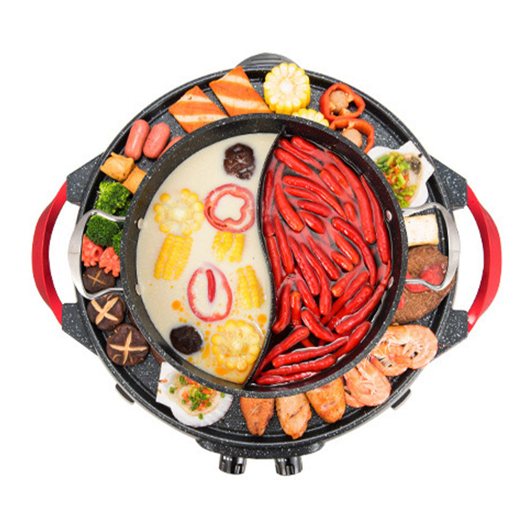 Premium 2 in 1 Electric Stone Coated Grill Plate Steamboat Two Division Hotpot - image3