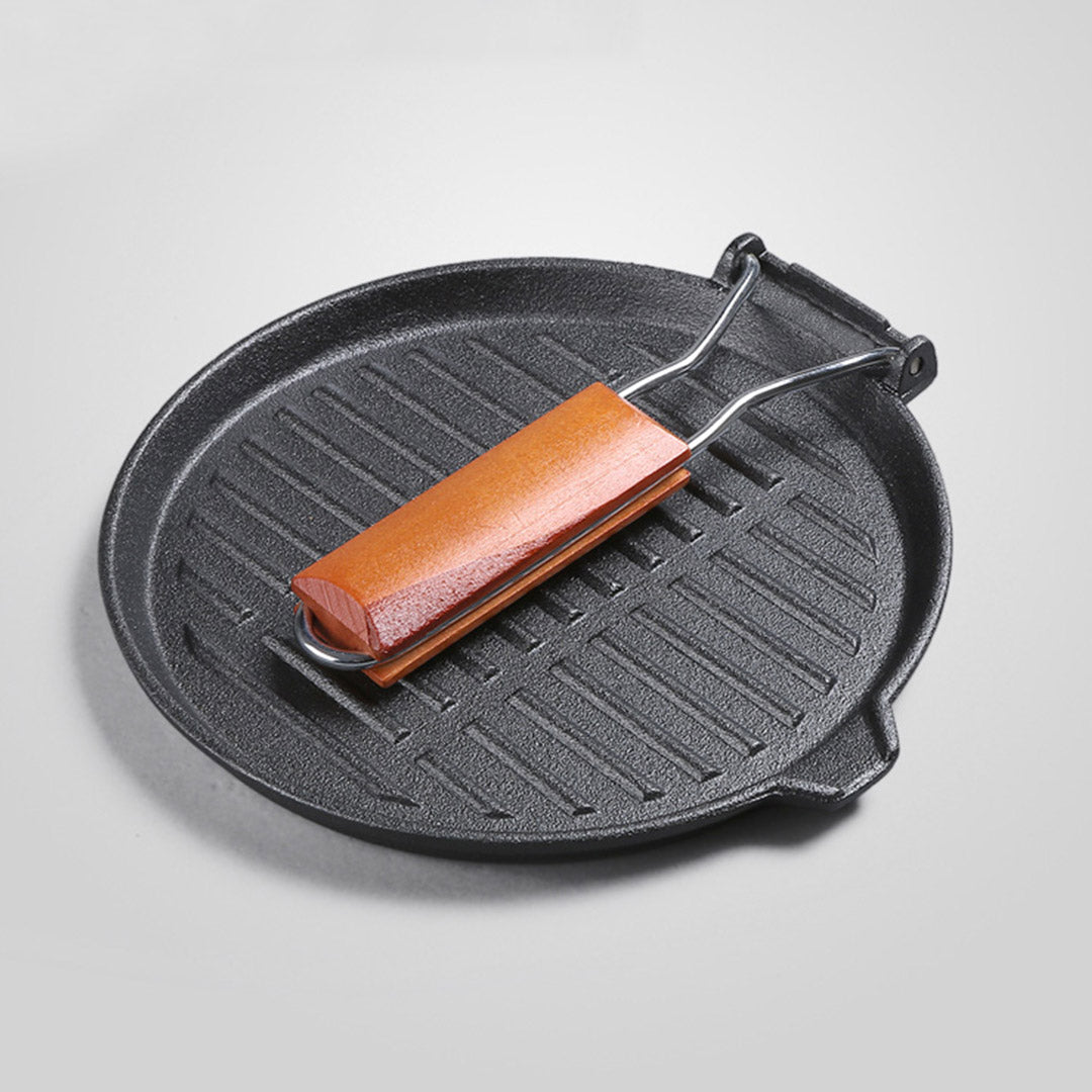 Premium 2X 24cm Round Ribbed Cast Iron Steak Frying Grill Skillet Pan with Folding Wooden Handle - image3