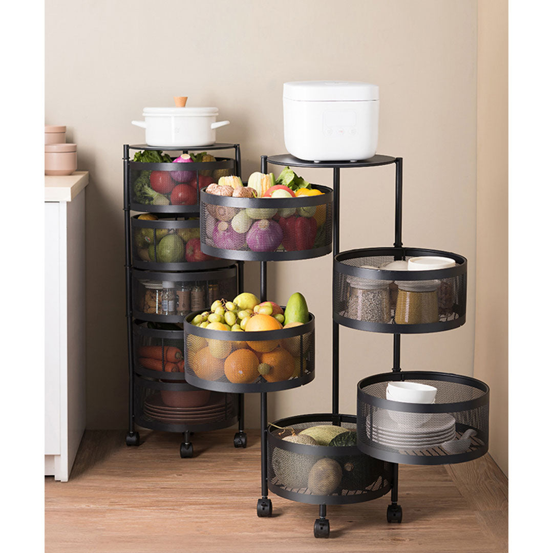 Premium 2X 5 Tier Steel Round Rotating Kitchen Cart Multi-Functional Shelves Portable Storage Organizer with Wheels - image2