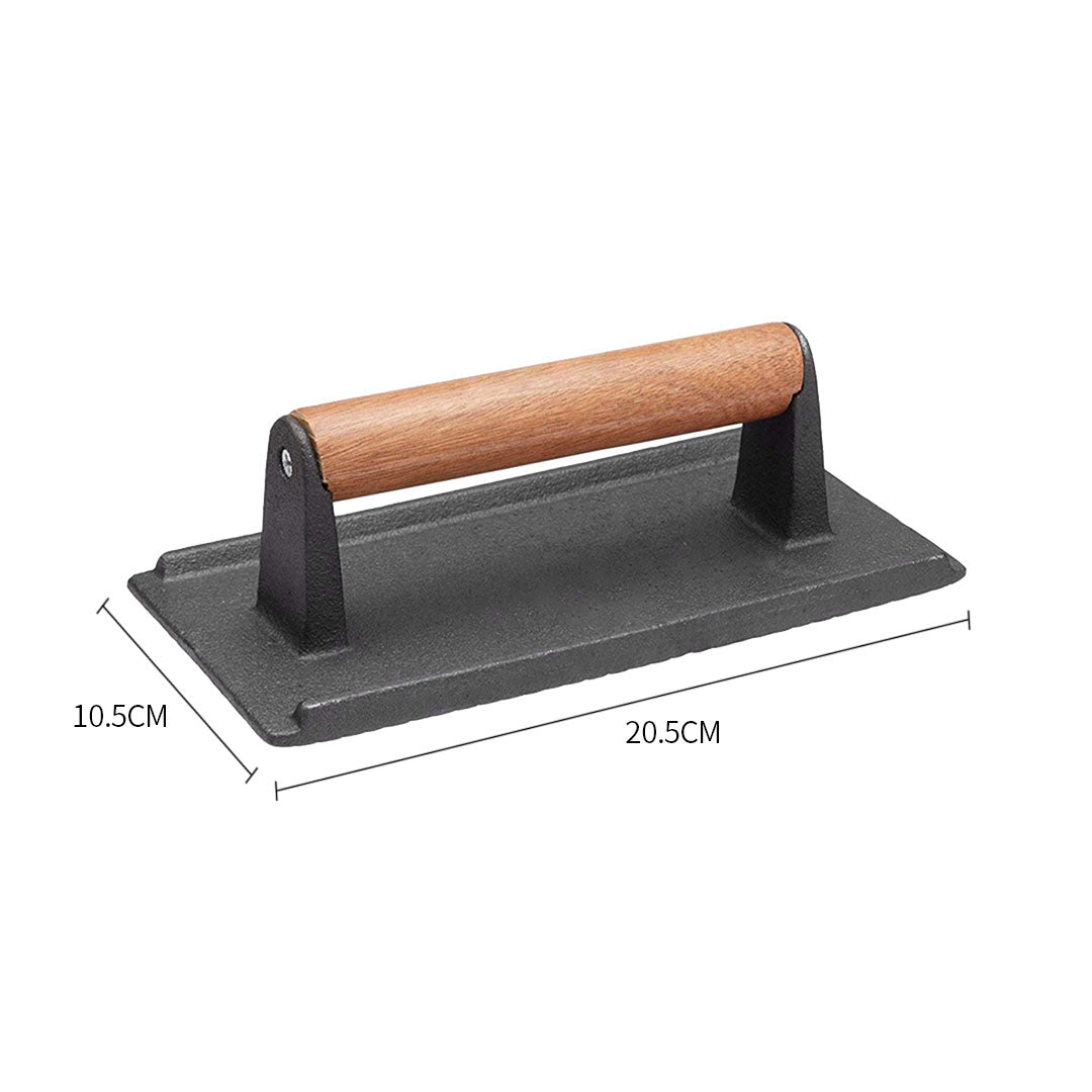 Premium 2X Cast Iron Bacon Meat Steak Press Grill BBQ with Wood Handle Weight Plate - image3