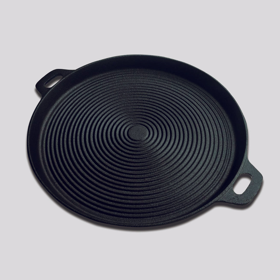 Premium 35cm Round Ribbed Cast Iron Frying Pan Skillet Steak Sizzle Platter with Handle - image4