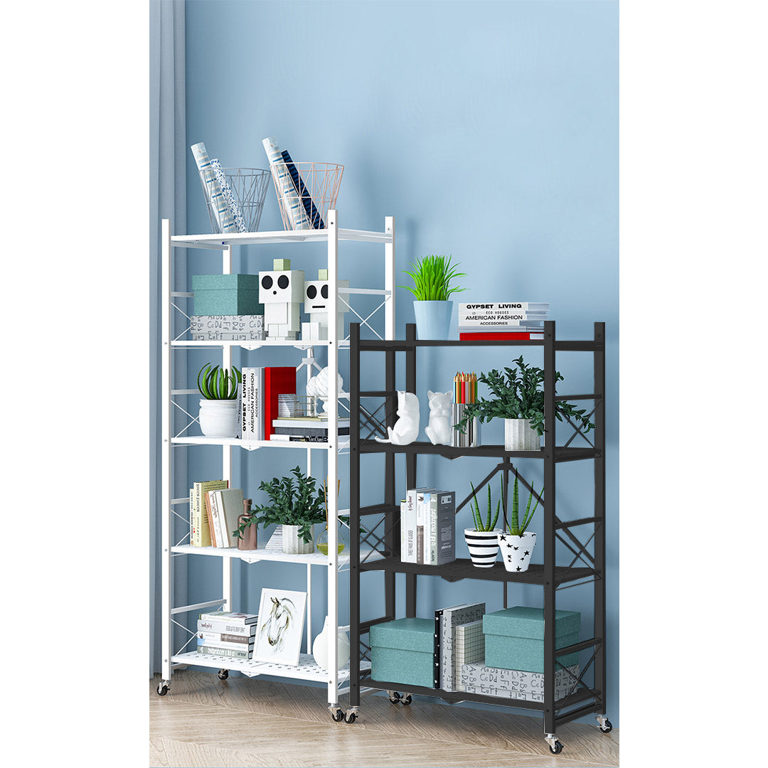 Premium 4 Tier Steel Black Foldable Display Stand Multi-Functional Shelves Portable Storage Organizer with Wheels - image3