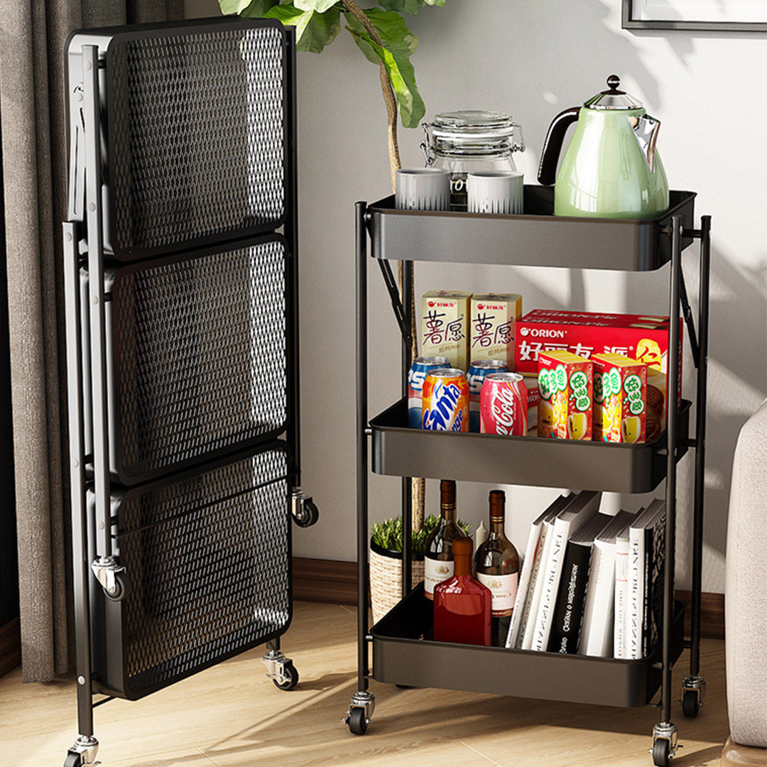 Premium 3 Tier Steel Black Foldable Kitchen Cart Multi-Functional Shelves Portable Storage Organizer with Wheels - image3