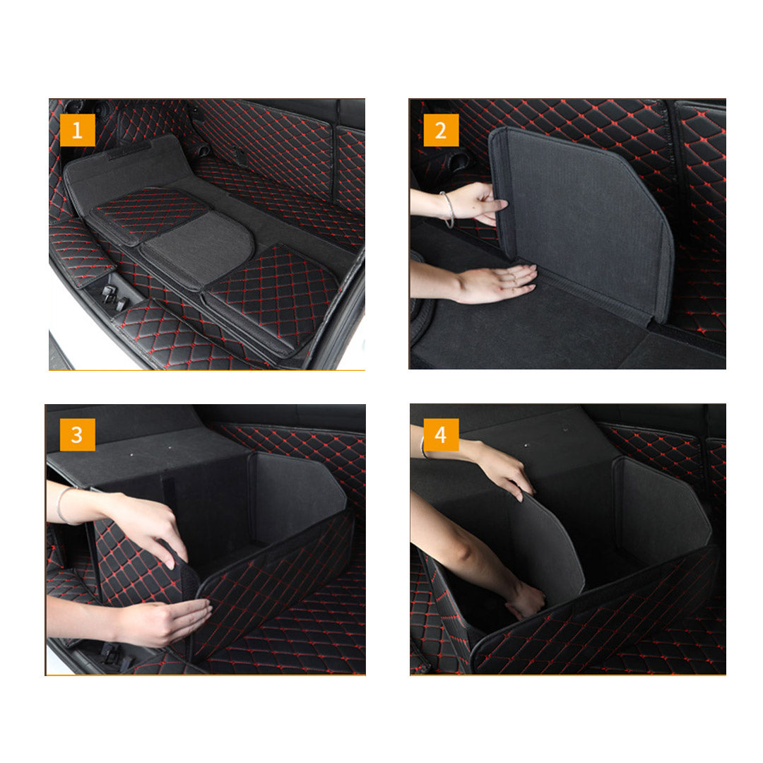 4X Leather Car Boot Collapsible Foldable Trunk Cargo Organizer Portable Storage Box Black/Red Stitch Large - image3