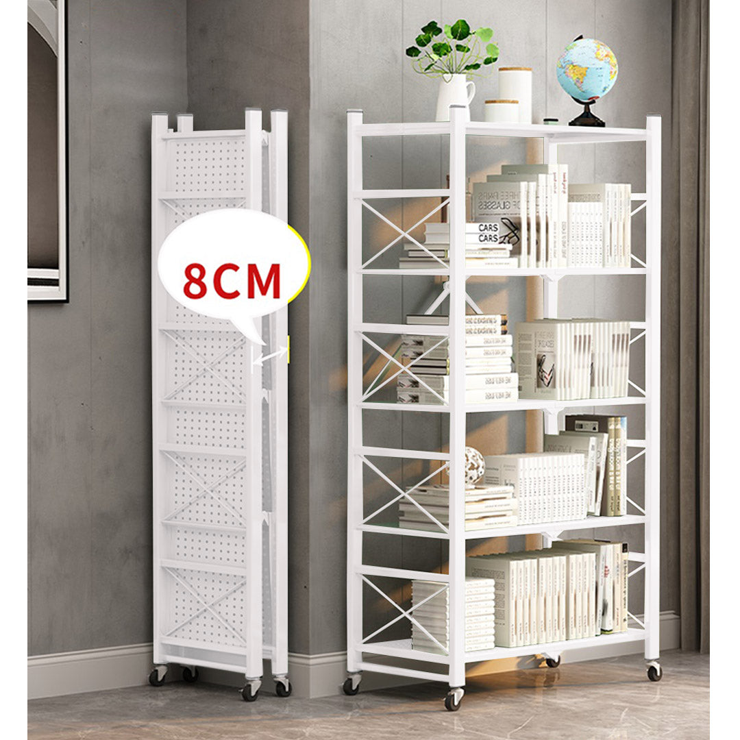 Premium 5 Tier Steel White Foldable Display Stand Multi-Functional Shelves Portable Storage Organizer with Wheels - image3