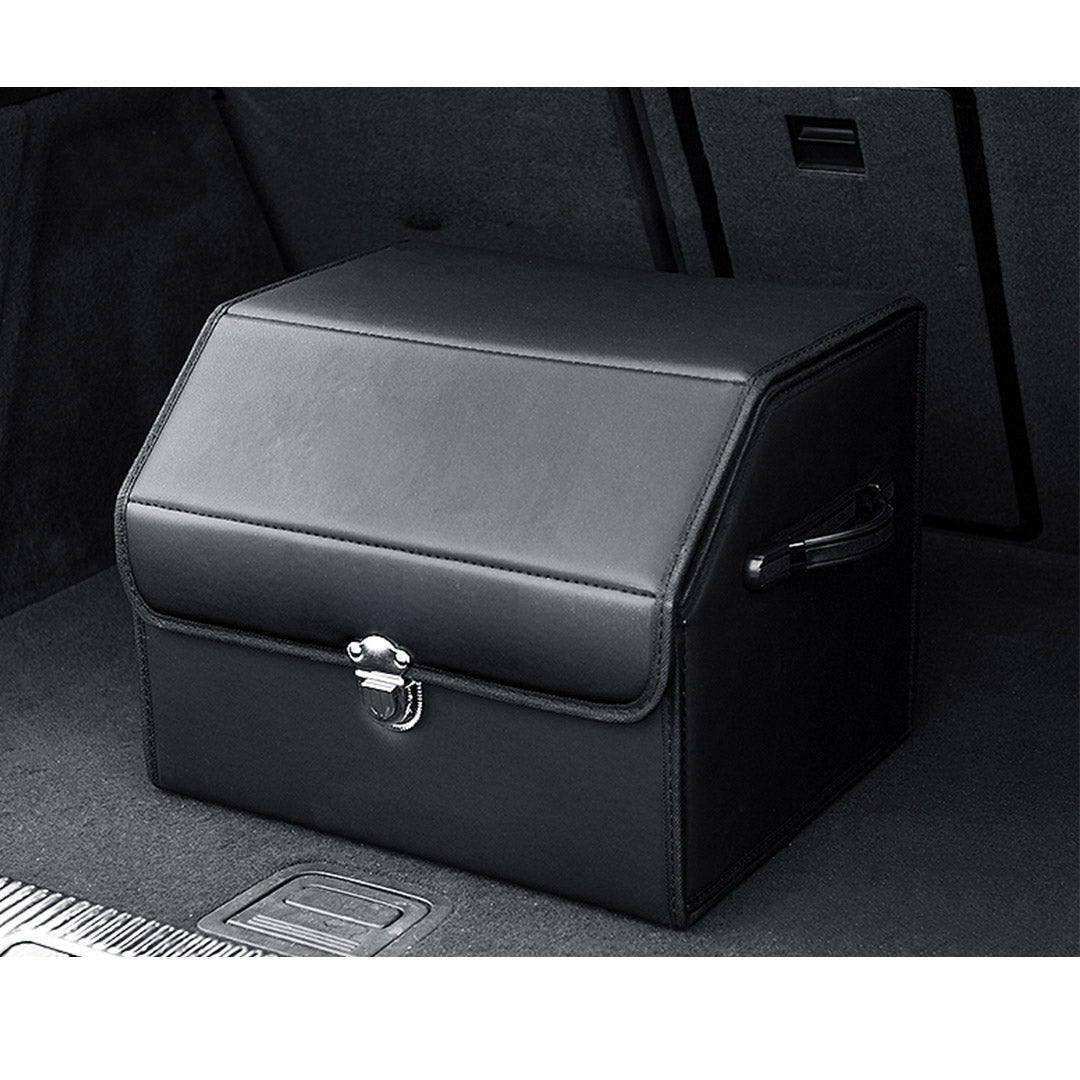 Premium 2X Leather Car Boot Collapsible Foldable Trunk Cargo Organizer Portable Storage Box With Lock Black Small - image3