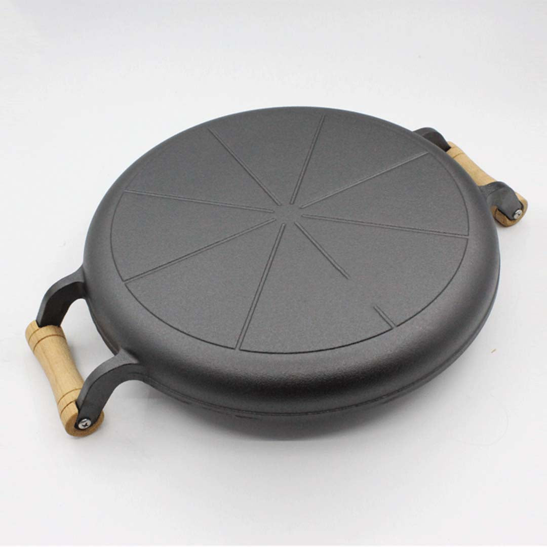 Premium 35cm Cast Iron Frying Pan Skillet Steak Sizzle Fry Platter With Wooden Handle No Lid - image3